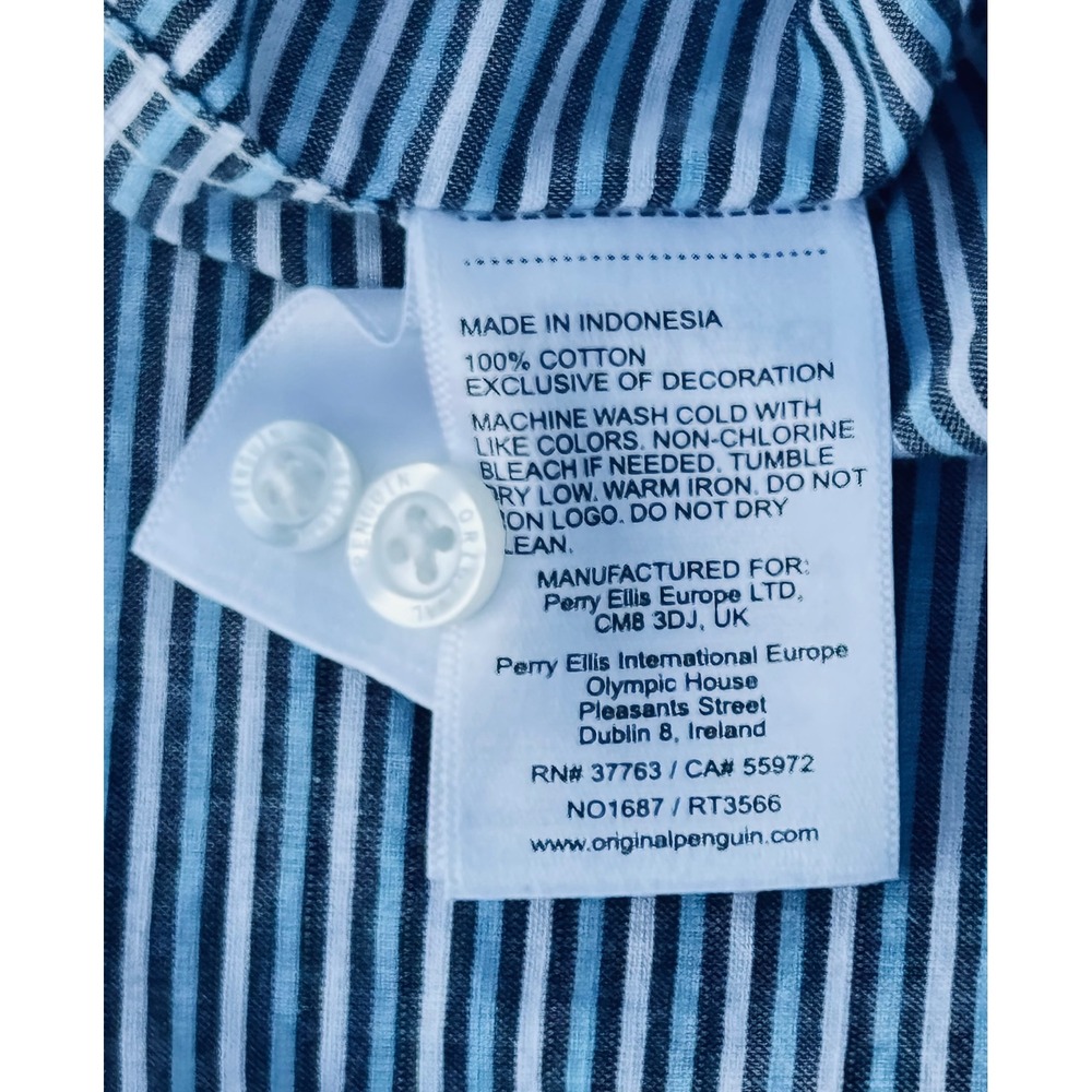 Original Penguin Mens Blue White Striped Short Sleeve Button Down Shirt Medium - Picture 4 of 9